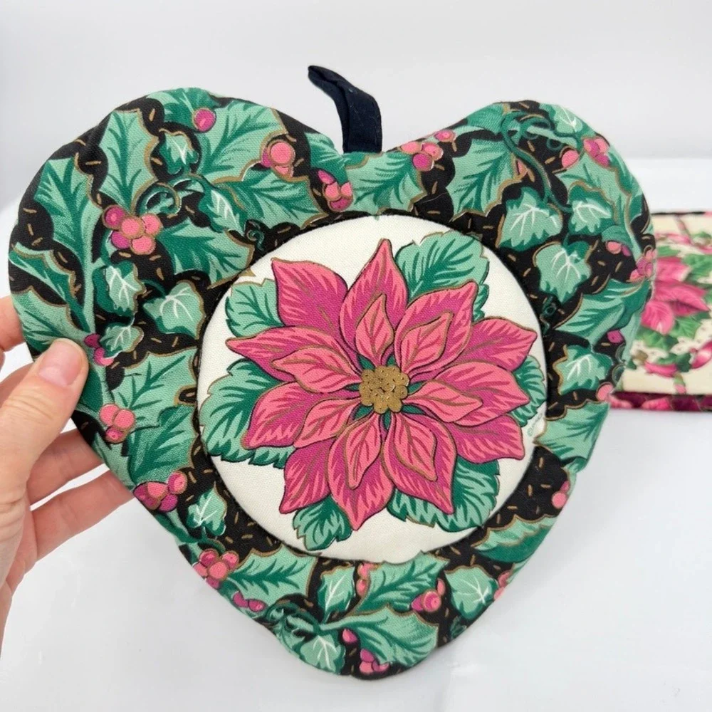 Poinsettia Cottage Country‎ Core Floral Pot Holder 3 Pc Christmas Kitchen Decor